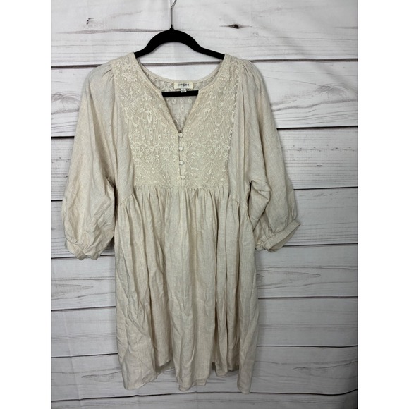 Umgee Dresses & Skirts - Umgee Oatmeal Linen Blend Lace Back Boho Babydoll Dress Beige Large